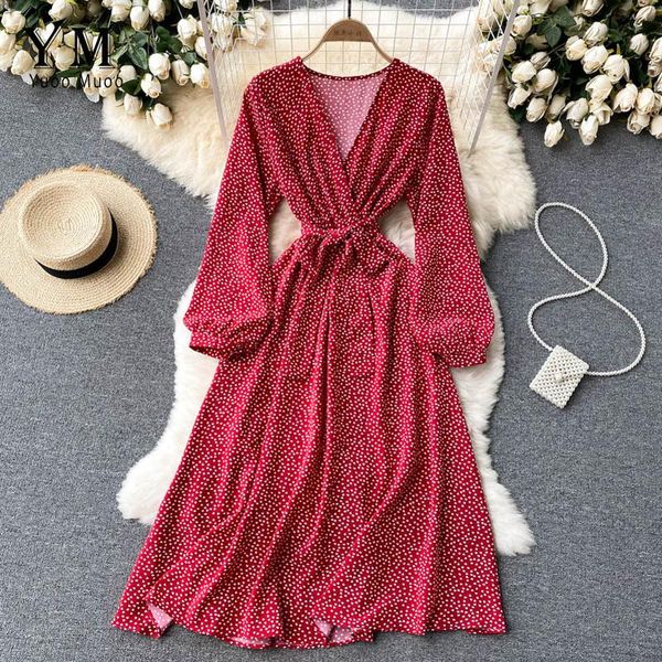 

casual dresses yuoomuoo v neck long sleeve slim wrap dress women polka dot print high waist a-line midi vestidos autumn 2021 robe, Black;gray