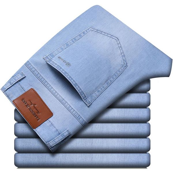 

men's jeans spring summer blue cotton straight-leg regular slim stretch casual fashion trousers brand trendy,2023