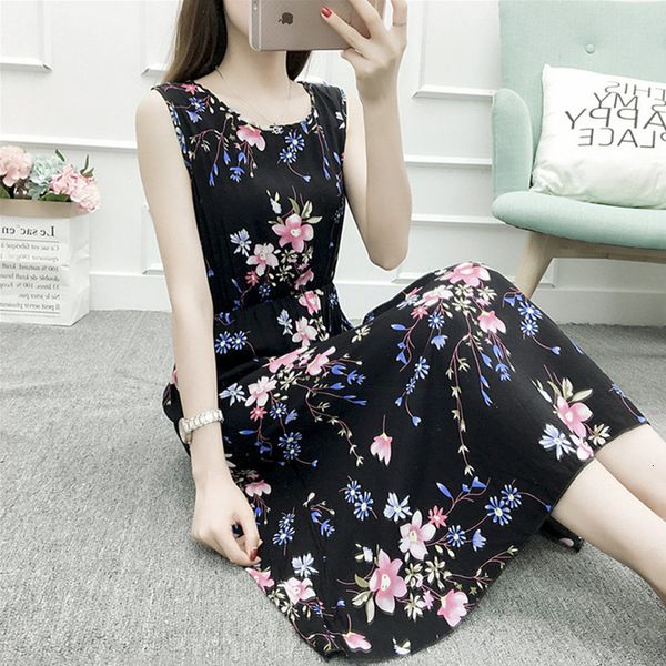 

large size of women 2021 summer chiffon in floral female holiday sleeveless ladies dressed y43m, Black;gray