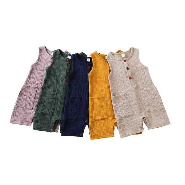 

jumpsuits born baby romper 2021 summer sleeveless soft linen solid 5 clours infant boy girl jumpsuit clothes outfit 0-24m, Blue
