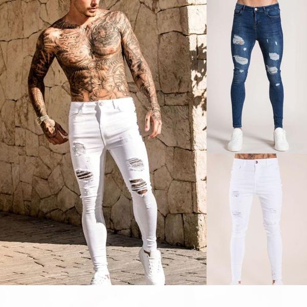 

mens solid color jeans new fashion slim pencil pants casual hole ripped design streetwear cool designer white, Blue