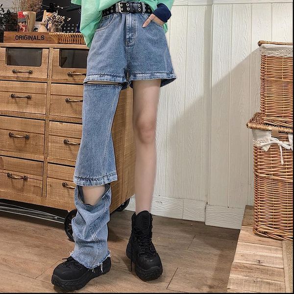 

2020 summer casual stitching shorts streetwear loose straight tube retro ins become detachable jeans women, Blue
