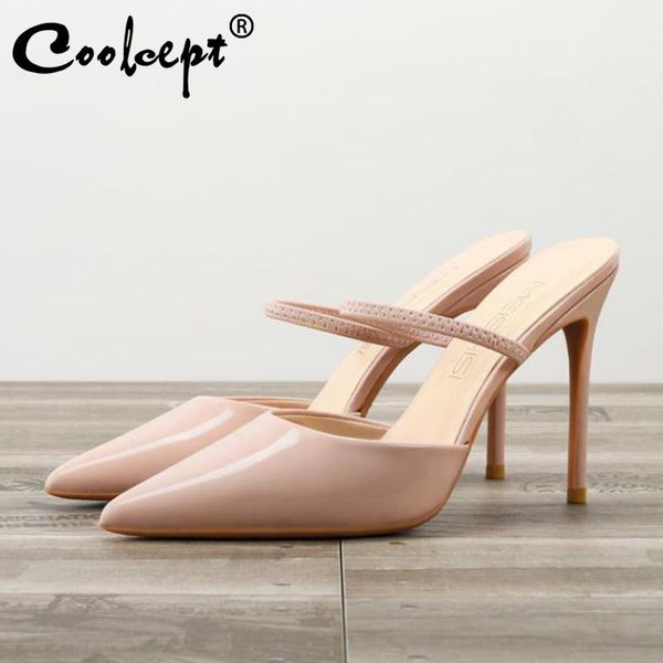 

sandals coolcept size 32-43 women fashion pointed toe thin high heel summer shoes woman party slipper lady footwear, Black