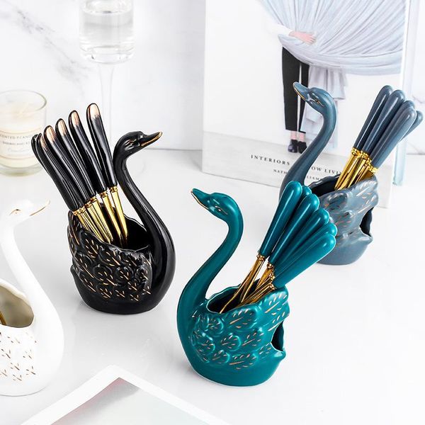 

forks creative and slightly luxury swan fruit fork stainless steel dessert cake moon ceramic set