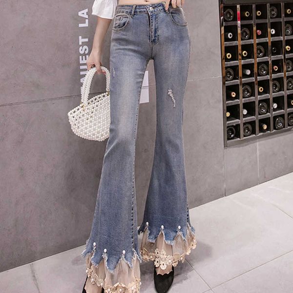 

spring embroidery patchwork jeans pants flowers laces elegant female wide legs flare high waist ladies long trousers 210531, Blue