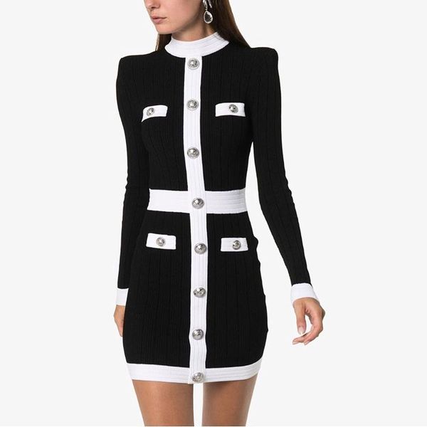 

casual dresses excellent quality 2021 classic designer dress women's color block buttons embellished knitting, Black;gray