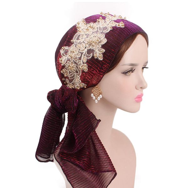

fashion colorful silk folds muslim headscarf skull-caps trend ethnic style golden bead lace hats woman scarf multicolor skull gauze head hat, Blue;gray