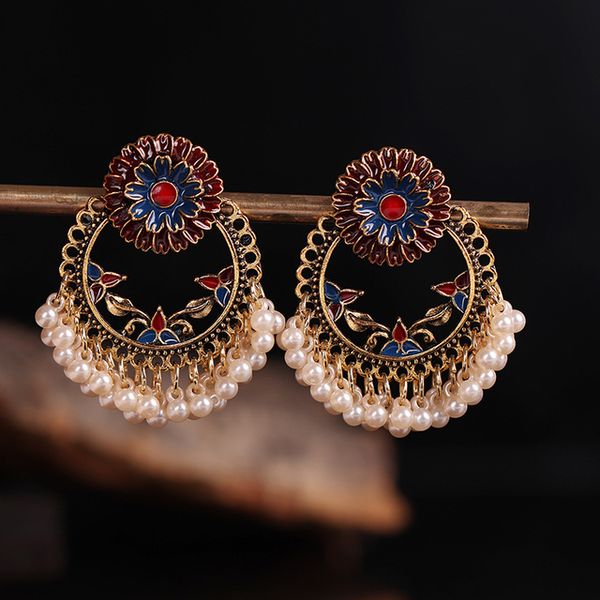 

vintage big flower hollow geometric indian earrings for women pendientes enamel bohemian retro antique gold pearl beads earings, Silver