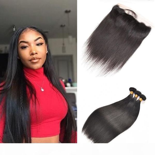 

cuticle aligned straight virgin human hair bundles with 13x4 lace closure 100 unprocessed straight remy human hair bundles with closure, Black;brown