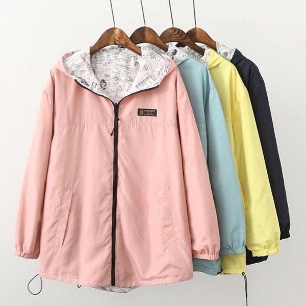 

women's jackets spring fashion female bomber basic jacket pocket zipper hooded two side wear cartoon print coat loose large size, Black;brown