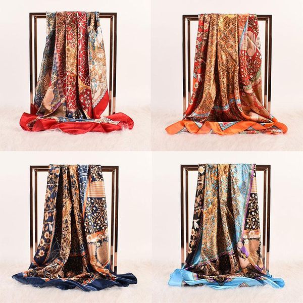 

scarves fashion printing women's satin high-quality scarf square pareo bandana muslim chiffon shawl, Blue;gray
