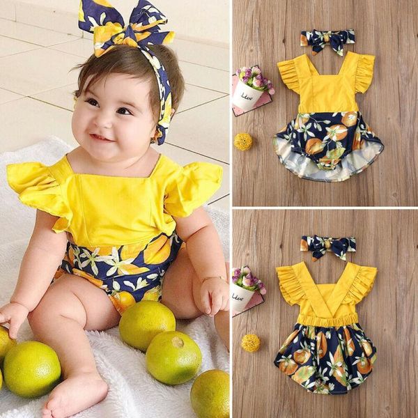 

infant baby girl fashion print ruffle jumpsuit headdress 2pcs outfit clothes 0-24m, Blue