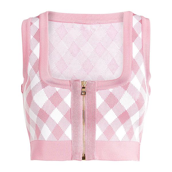

women's tanks & camis pink plaid vest women tank celebrity fashion square collar short knitted zipper spring summer, White