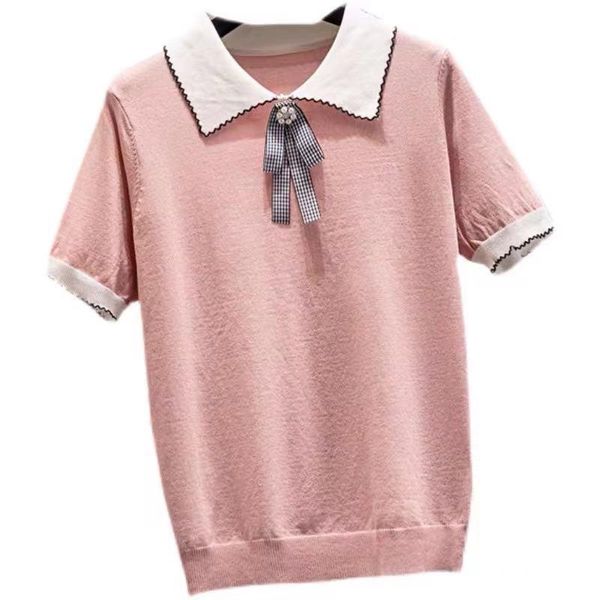 

women's t-shirt 2021 summer ice silk short sleeve style doll neck bow, White