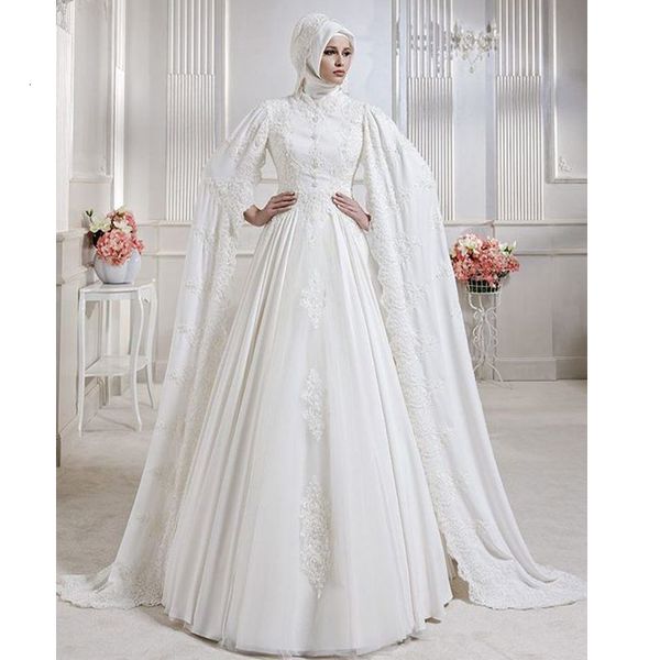 

2021 new muslim wedding es with hijab a-line long sleeves applique chiffon floor-length lace floor arabic gelinlik in dubia y5vf, White