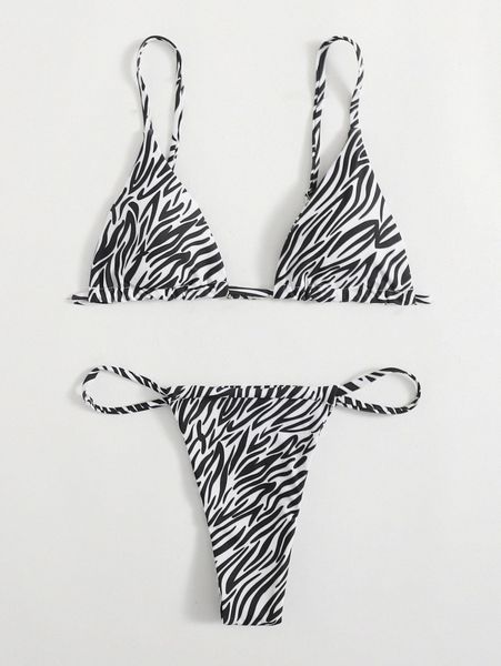 

zebra striped pattern thong bikini swimsuit l8ss#, White;black