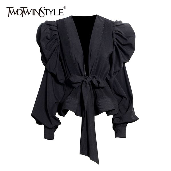 

twotwinstyle elegant women shirt v neck lantern long sleeve ruched lace up bow blouse female fashion spring clothing 210225, White