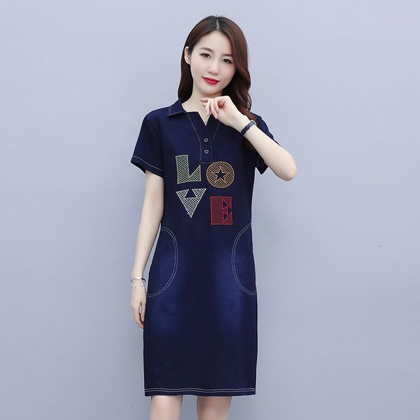 

casual dresses plus size l-5xl women denim dress summer fashion love letter embroidery cotton blends loose mid long female 9zdg, Black;gray
