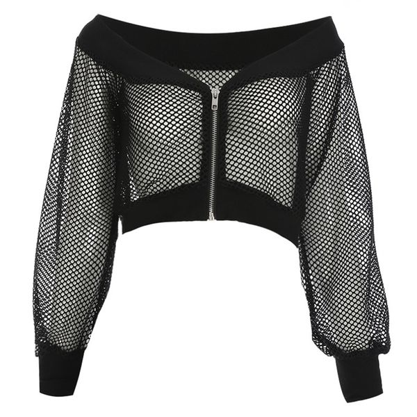 

rosetic gothic short women blouse black mesh see-through slash neck hollow off shoulder long sleeve club street goth blouse t200321, White