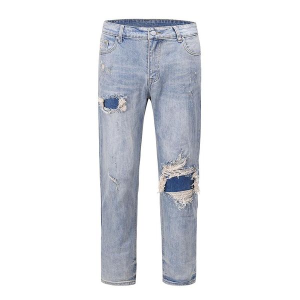 

men's jeans high street washed hole frayed denim trousers mens harajuku retro straight loose hip hop baggy jean pencil pants, Blue