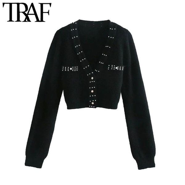 

traf women fashion faux pearl beading cropped knitted cardigan sweater vintage long sleeve female outerwear chic, White