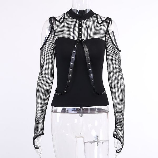 

slim vintage splice mesh long sleeve crop women goth dark hollow out bandage bodycon tshirt autumn party top, White