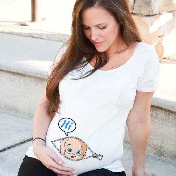 Baby Peeking Maternity Tshirt Engraçado Zip Print Moda Mom Plus Size T-shirt Moda Verão Mulher Grávida T Shirts Gravidez Tees X0527