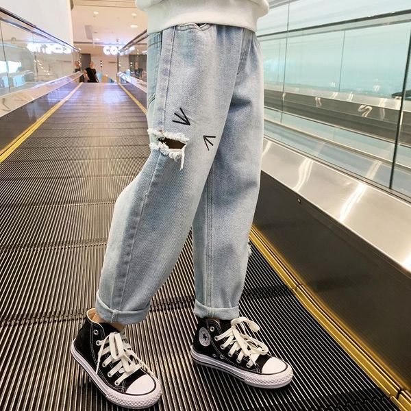 

hole spring autumn denim pants for girls fashion children's jeans elastic waist kids girl casual clothes 3-12, Blue