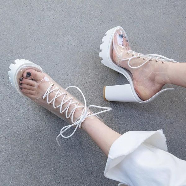 

boots 2021 fashion women's pvc transparent platform ankle super high heel rainboots lace up gladiator motorcycle, Black