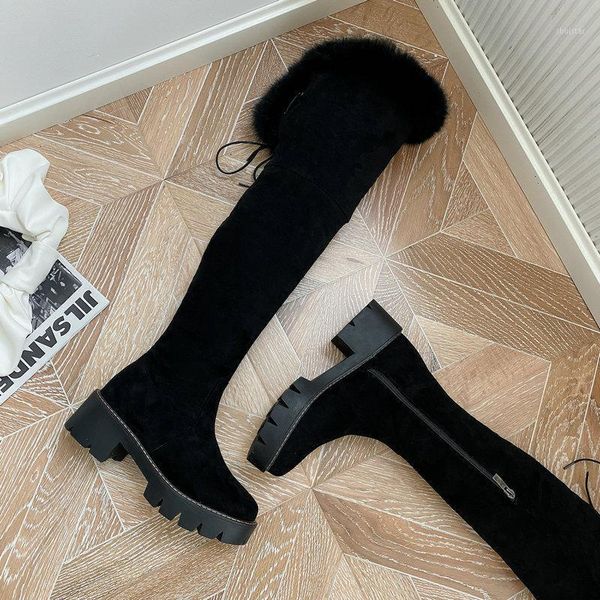 

boots women thich high heels snow shoes muje winter casual warm fur over the knee plus size 41 42 431, Black