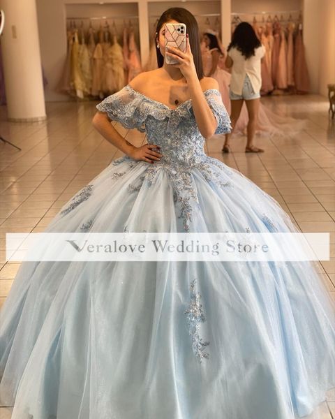 

vestidos de 15 aÃ±os light sky blue quinceanera dress 2022 appliques off shoulder vestido de quinceaÃ±era party wear, Blue;red