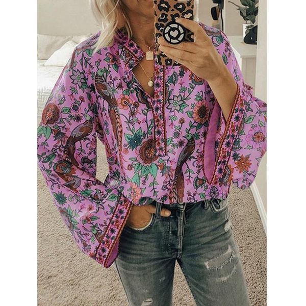 

women's blouses & shirts blouse beach boho style fashion floral casual loose printed v-neck ladies regular long-sleeved wild, White