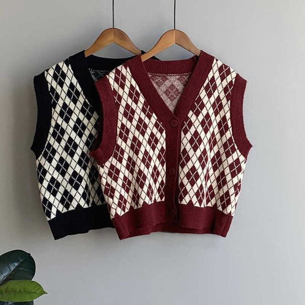 

spring diamond-shaped v-neck sleeveless vest women's outer wear cardigan knit loose short casual vest 210709, White;black
