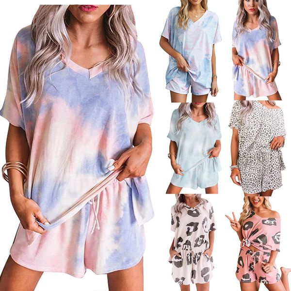 

new women's spring and summer pajamas tie dye printing v-neck home wear two piece sets fashion casual with short sleeves shorts suit, Black;red