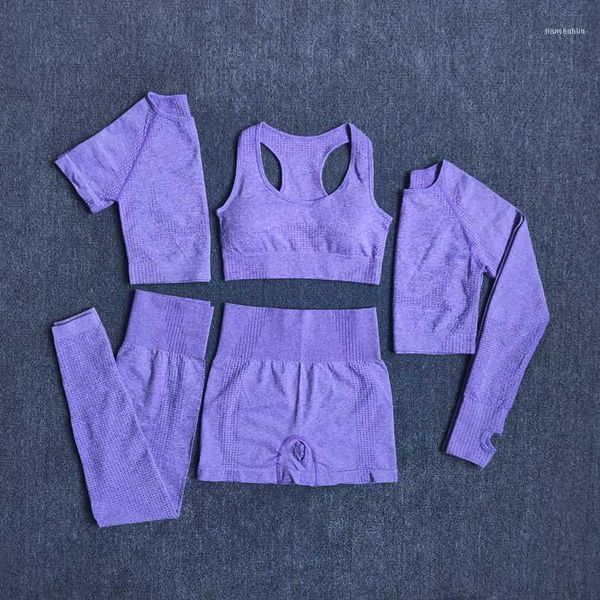 

running sets 2/3/5pcs yoga set women workout seamless sportswear gym tracksuit fitness long sleeve crop high waist leggings sports suits, Black;blue