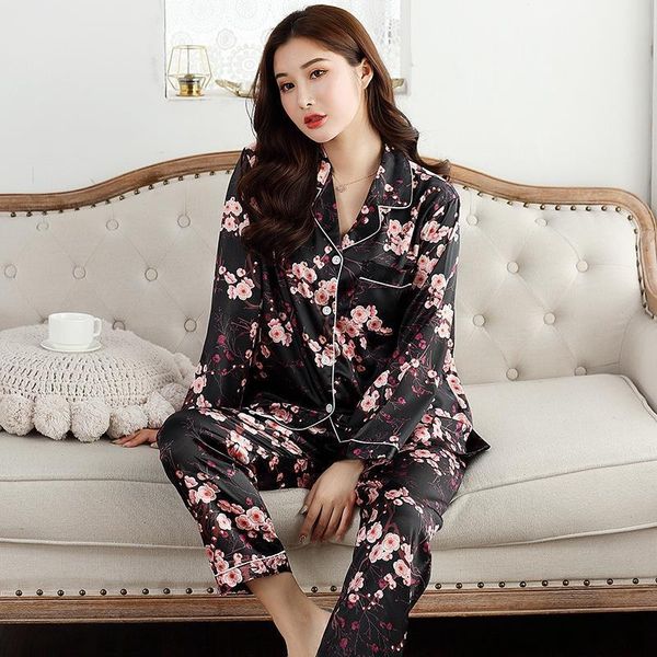 

autumn women pajamas faux silk sleepwear satin pajamas set long sleeves flower print 2 piece homewear summer pajama new, Black;red