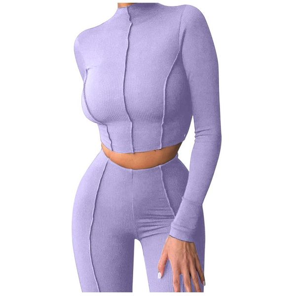 

women's two piece pants women workout outfits bodycon bright line decoration long sleeve solid crop high waist leggings 2 set 2021, White