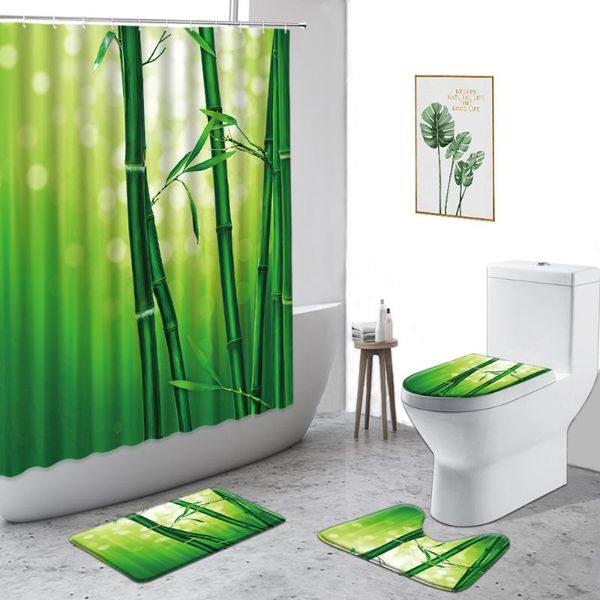 

shower curtains bamboo curtain green plants scenery printing bathroom decoration set non-slip carpet waterproof bathtub screen