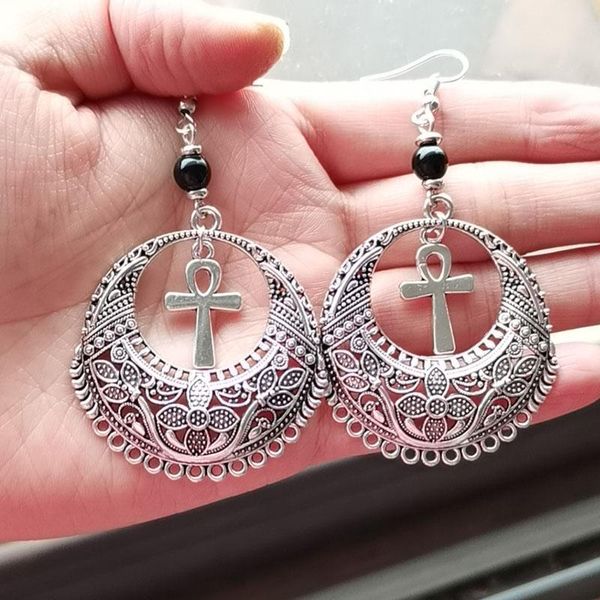 

dangle & chandelier ankh mandala earrings - egyptian vampire occult gothic symbol, Silver