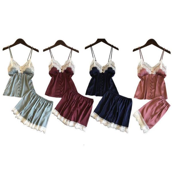 

womens imitation silk lingerie set push up padded button down camisole wide leg eyelash lace shorts solid color nightwear, Gray