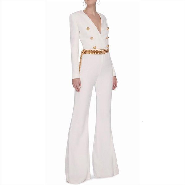 

high street fashion designer womens jumpsuit lion buttons double breasted boot cut flare rompers, Black;white