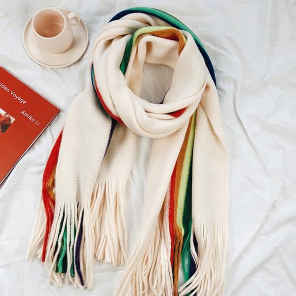

scarves women winter rainbow striped knit oversized scarf windproof tassels shawl wrap, Blue;gray