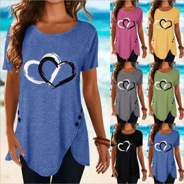 

2021 spring and summer new selling love printing irregular button short sleeve long t-shirt, White