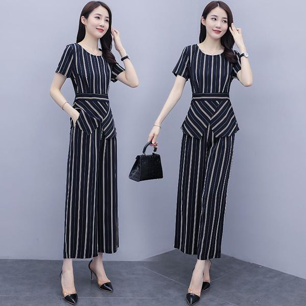 

women's tracksuits stripe wide-legged pants leisure suit summer korean fashion two-piece clothing set short sleeve outfit office, Gray