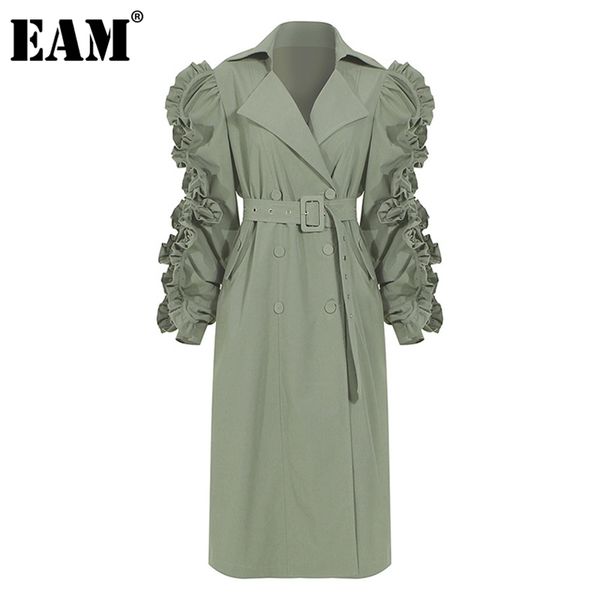 

[eam] women green ruffles stitch long trench lapel long sleeve loose fit windbreaker fashion spring autumn 1dc061 210826, Tan;black