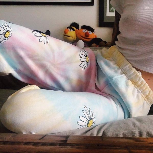 

women rainbow daisy cotton long pant home pajamas soft slip summer sleep bottoms 2021 fashion sleepwear women's pants & capris, Black;white