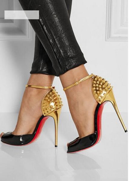 

women high heels pointed toe peep-toe pumps party wedding shoes lady stiletto high heel pump patent leather rivets semelle roug, Black