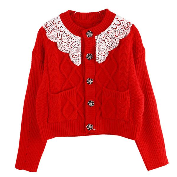 

lace collar stitching knitted cardigan for women in autumn and winter 2020, Black