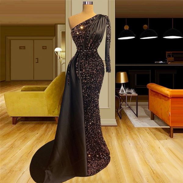 

one shoulder mermaid evening dresses sequin pleat sparkle long sleeve prom gowns ladies elegant vestido de novia, Black;red