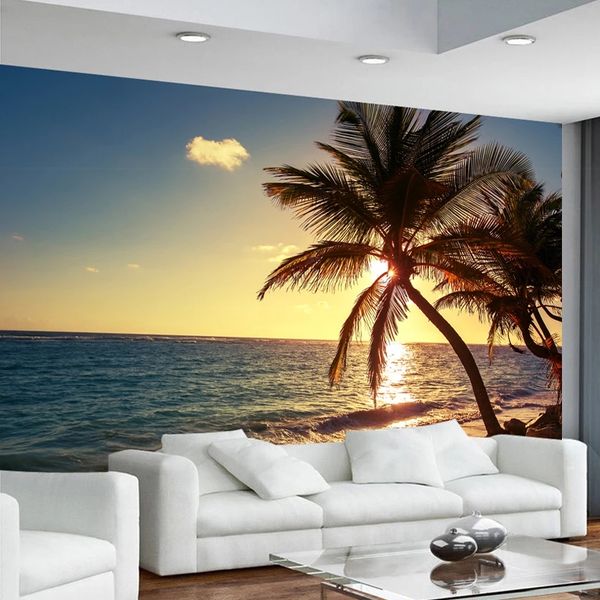 

custom sunrise sunset seaside beach coconut trees nature landscape 3d wallpaper mural painting living room bedroom